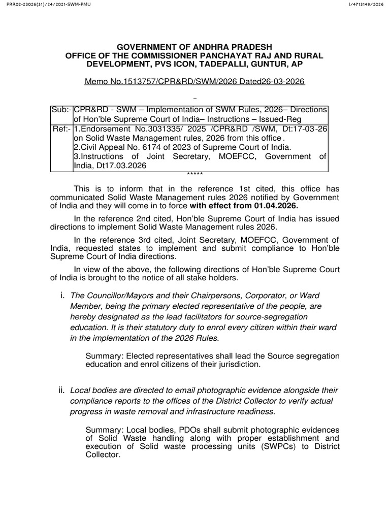 Memo On Implementation of SWM Rules 2026 | PDF | Waste | Government