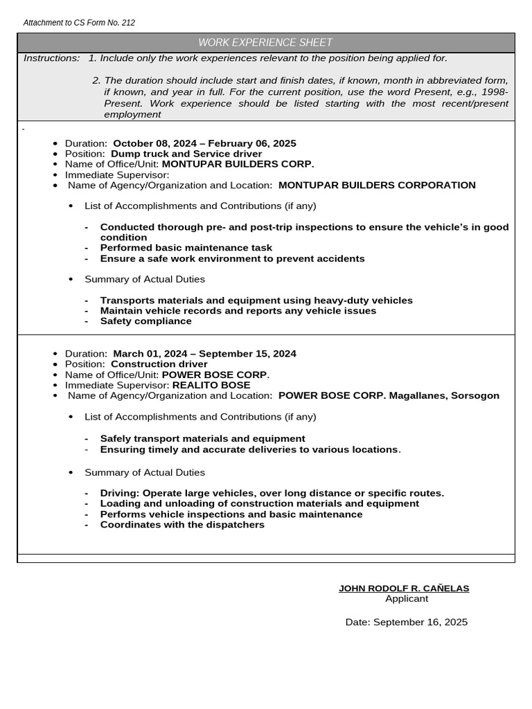 CSC Form No. 212 Work Experience RODOLF | PDF | Transport