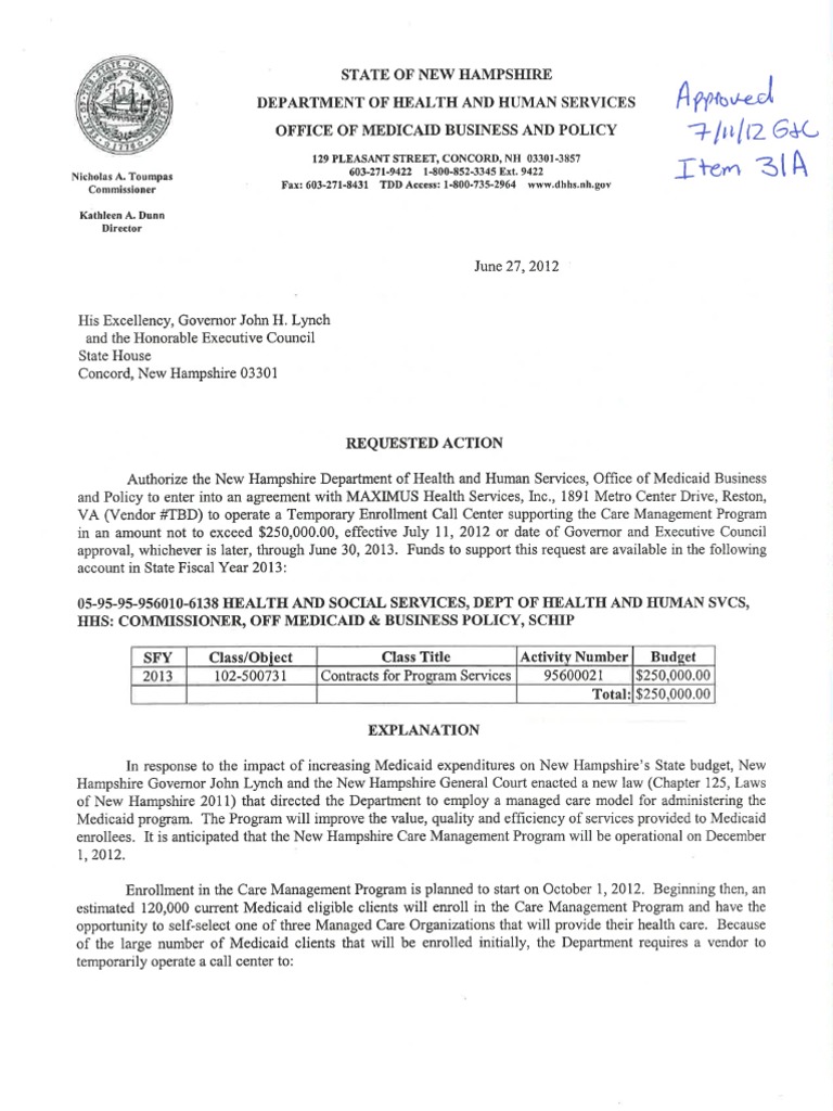 New Hampshire MAXIMUS Medicaid Contract July 11, 2012