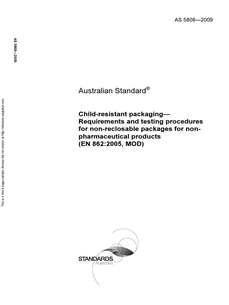 As 58082009 ChildResistant Packaging Requirements and Testing Procedures For NonReclosable