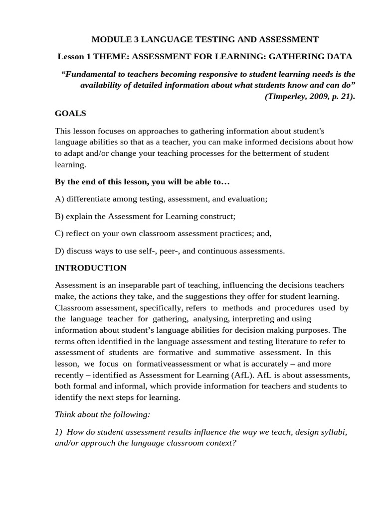 Lesson 1 Assessment For Learning Gathering Data TERM VIII | PDF ...