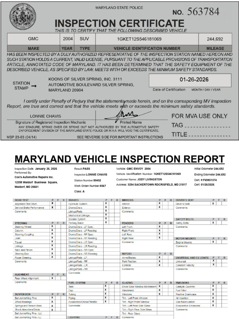 Md Inspection Envoy 2004 Approved | PDF | Vehicle Industry | Vehicle ...