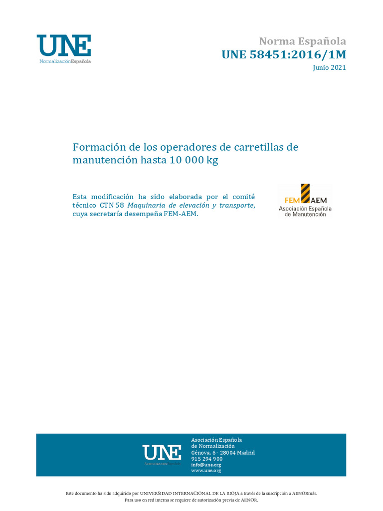 UNE 58451 2016 1M 2021 Formaci n De Los Operadores De Carretillas De 