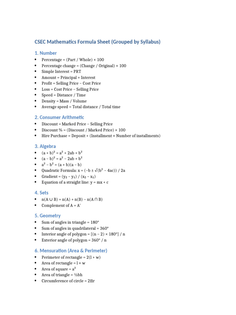 CSEC Mathematics Formula Sheet Syllabus Grouped | PDF