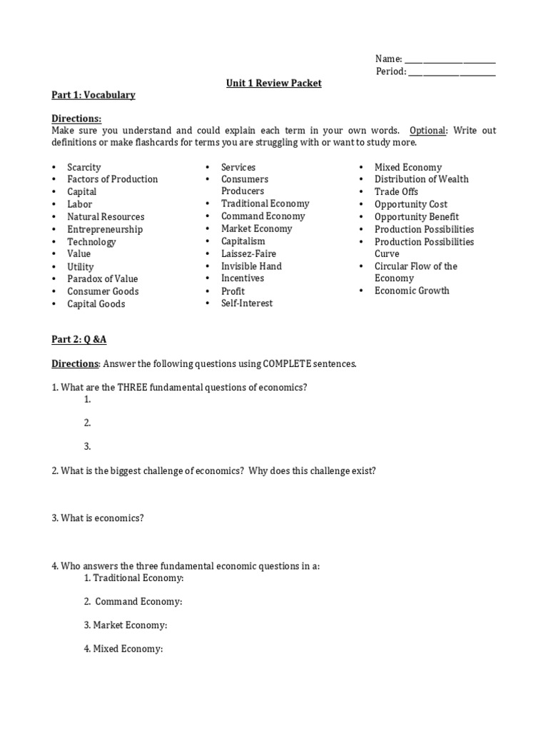 Unit 1 Exam Review Packet-revised | PDF | Capitalism | Economics