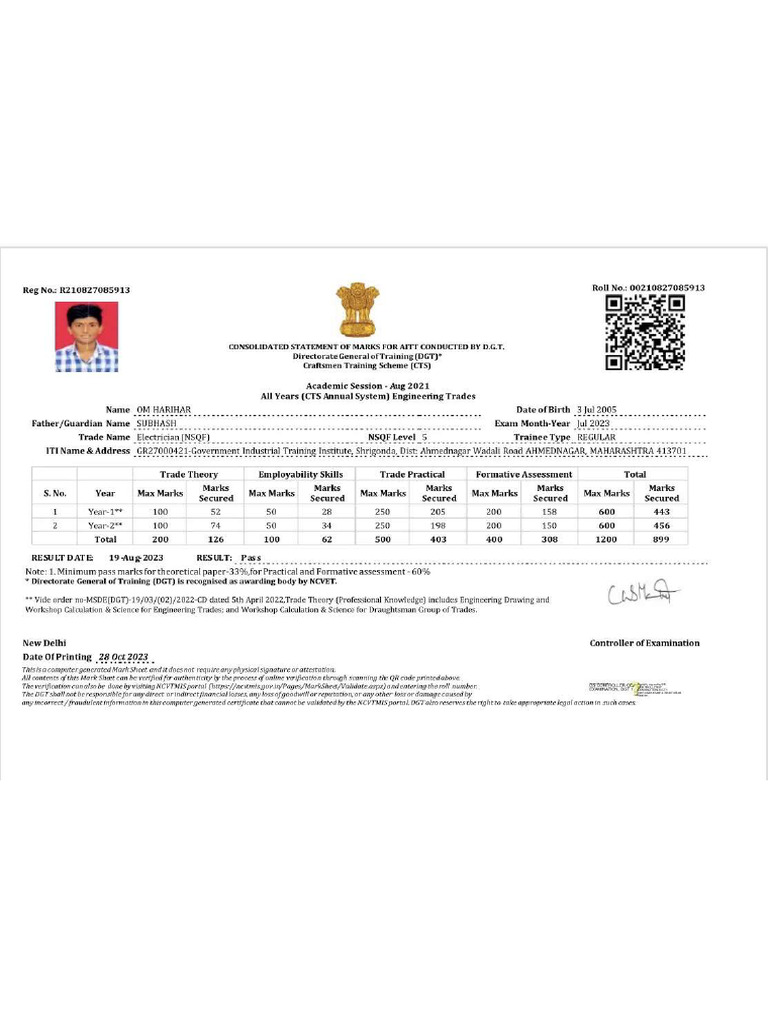 Iti Marksheet 2026 | PDF