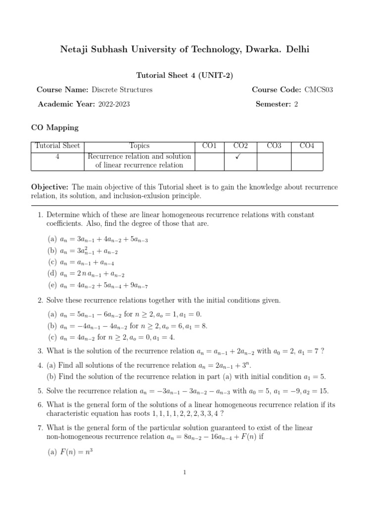 Tutorial Sheet 4(Unit 2) | PDF | Recurrence Relation | Mathematical ...
