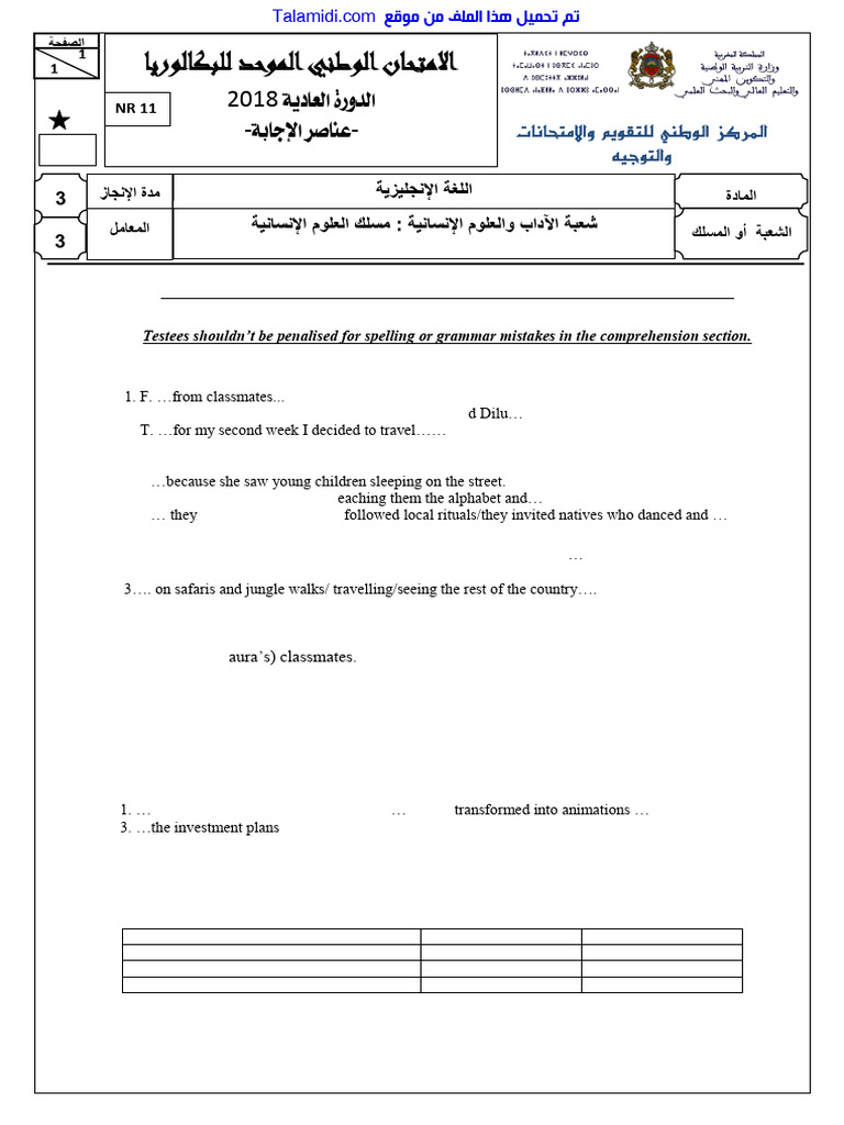 Talamidi.com Examen Anglais Science Humaines 2018 Session Normale ...
