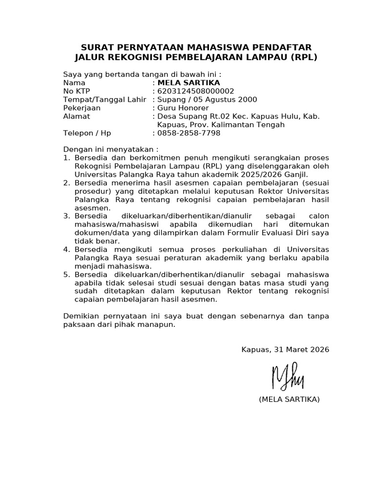 Surat Pernyataan Mahasiswa RPL | PDF