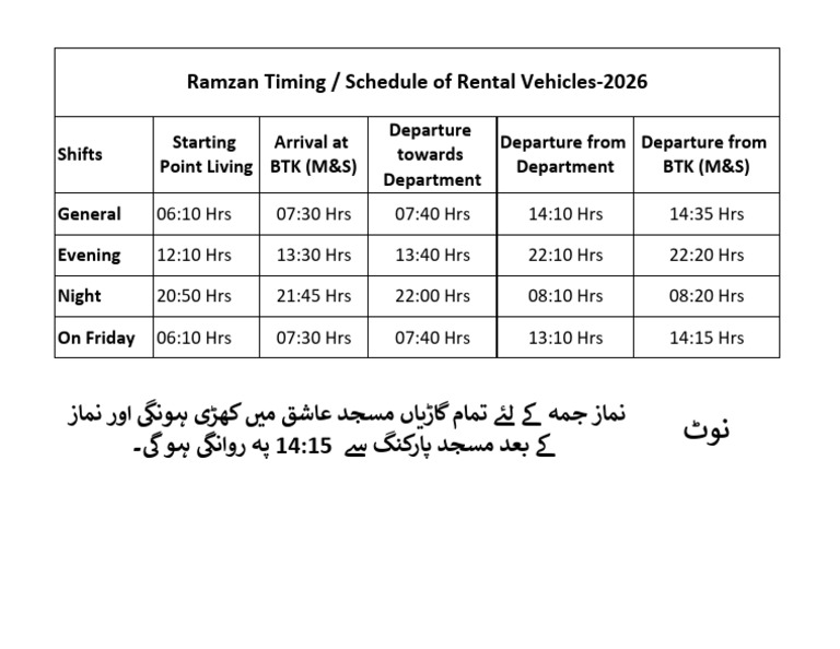 Ramzan Timings Schedule of Rental Vehicles 2026 | PDF