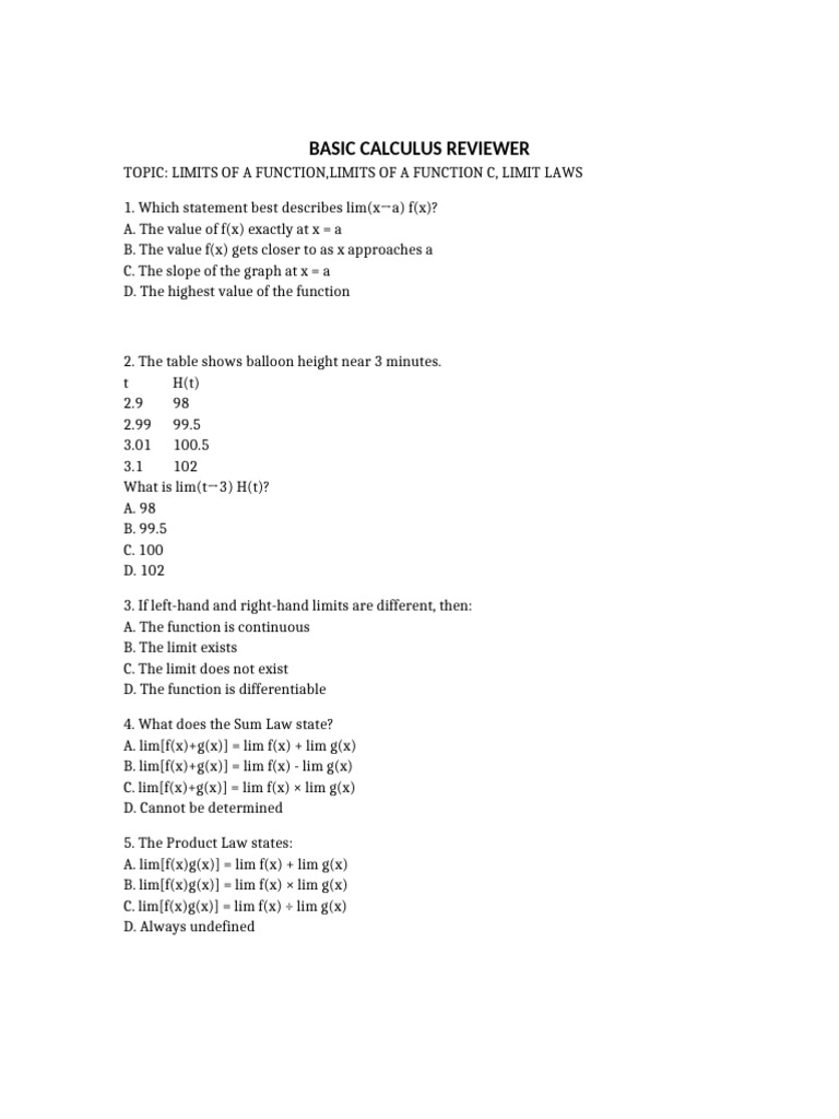 Basic Calculus Reviewer Limits | PDF