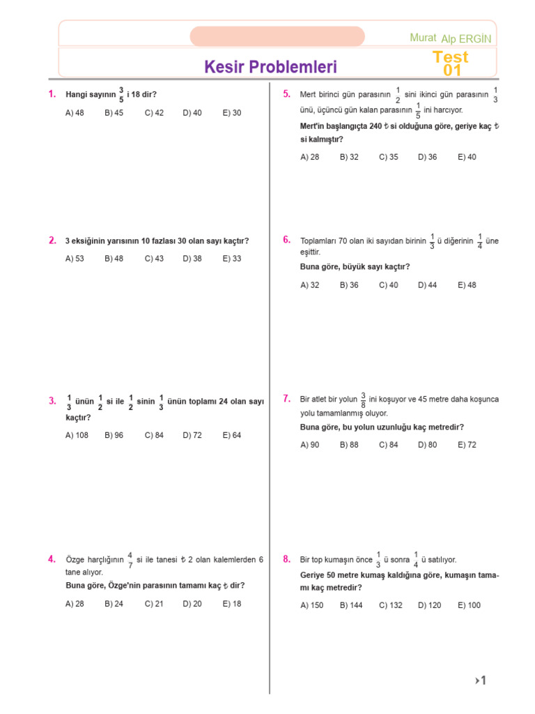 Kesir Problemleri Test 1 | PDF