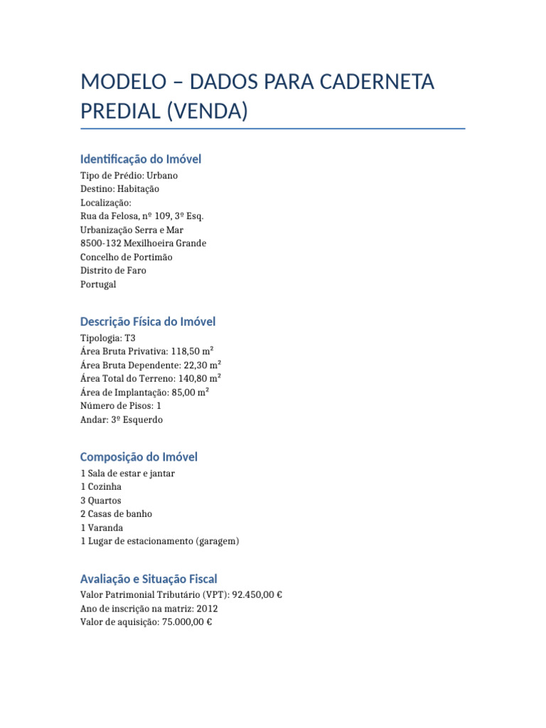 Caderneta Predial Modelo | PDF