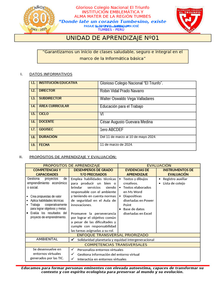 I Unidad de Aprendizaje Primer Grado | PDF | Aprendizaje | Archivo de ...