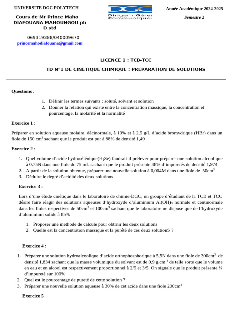 TD N°1 Preparation Des Solutions DGC TCB-C | PDF | Ph | Concentration ...