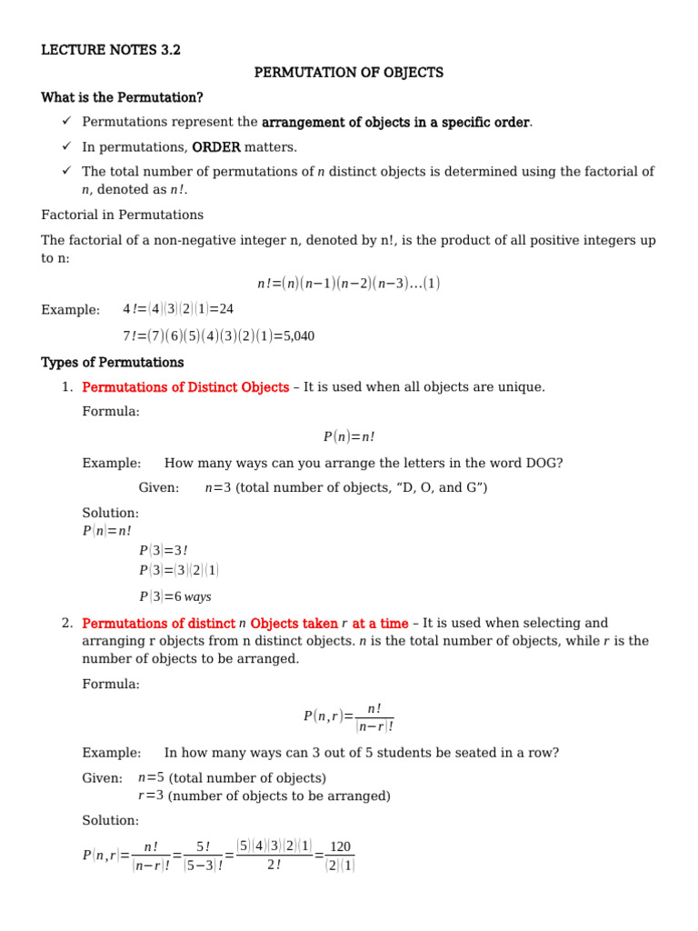 Lecture Notes 3.2 - Permutation of Objects | PDF