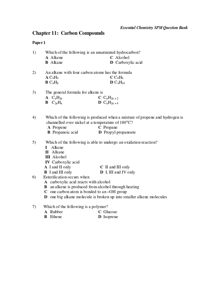 Carbon Compounds SPM Question Bank | PDF | Teaching Methods & Materials ...