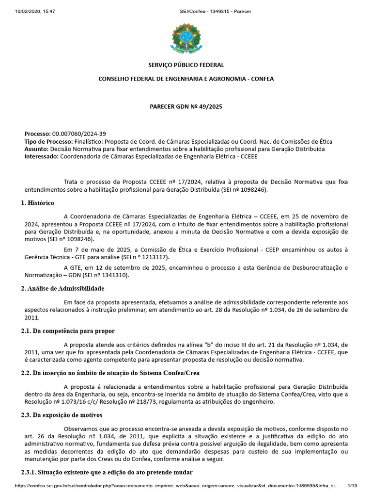 Parecer GDN #49 - 2025 | PDF | Eletricidade | Geração de eletricidade
