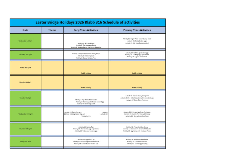 Easter Bridge Holidays Schedule List | PDF | Easter | Easter Egg