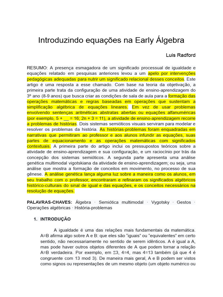 Introduzindo Equações Na Early Álgebra | PDF | Equações | Matemática