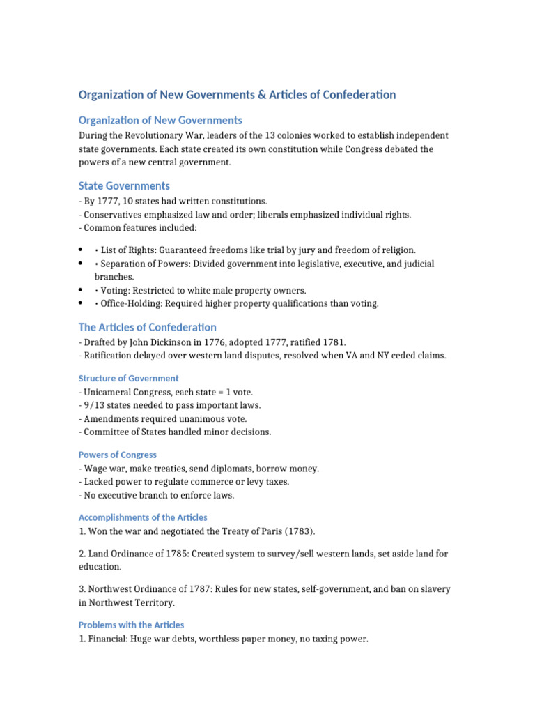 Articles of Confederation Notes | PDF
