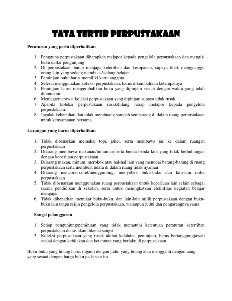 Contoh Tata Tertib Perpustakaan