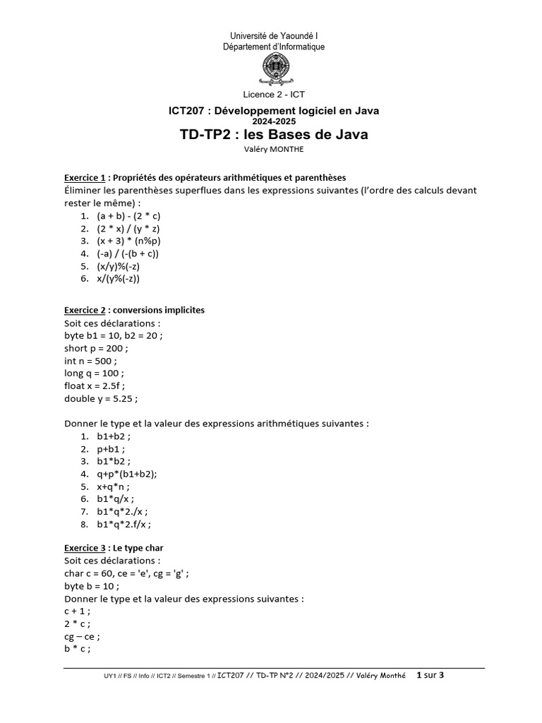 TD-TP 2 ICT207 Bases de Java 24-25 | PDF