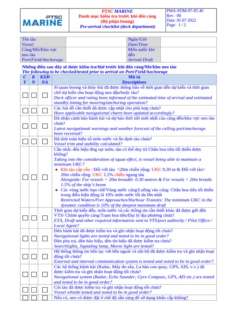 PMA SOM 07 05.40 Pre Arrival Checklist (Deck Department) | PDF