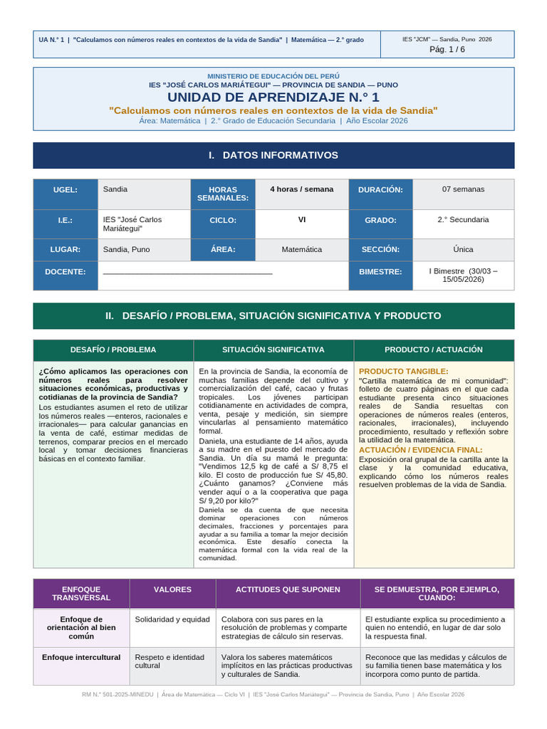 Unidad - Aprendizaje - 1 - Matematica - 2do - JCM - 2026 (1) .Ejemplo | PDF