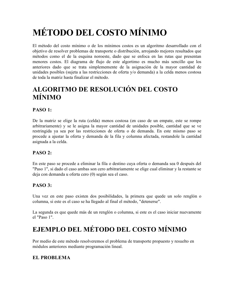 Método de Costo Mínimo en Transporte | PDF | Programación lineal ...