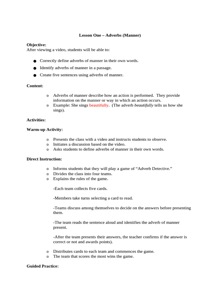 Lesson Plan - Adverbs of Manner | PDF | Senses | Adverb