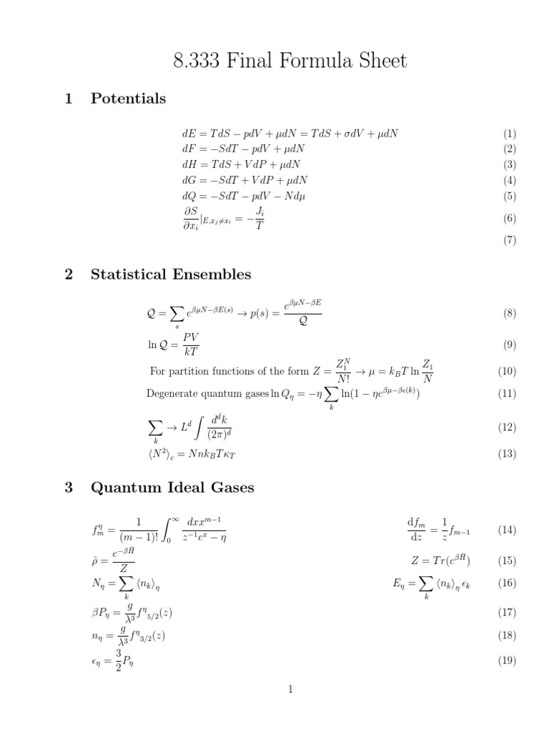 Final Formula Sheet for 8.333 | PDF