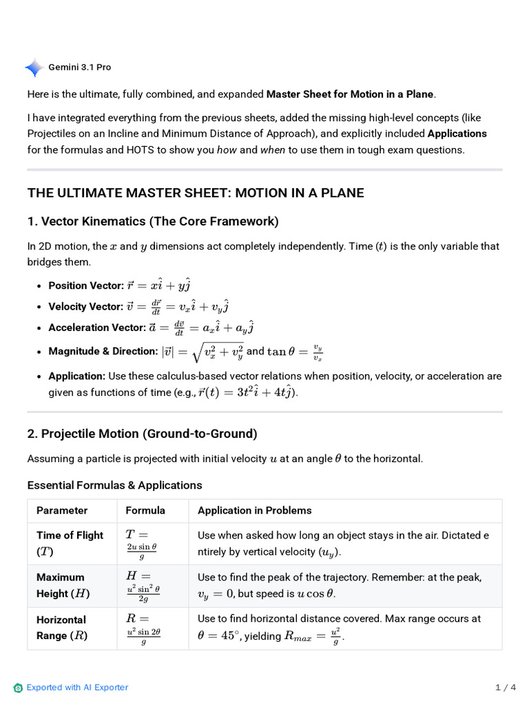 Motion in a Plane Formulas & Graphs | PDF
