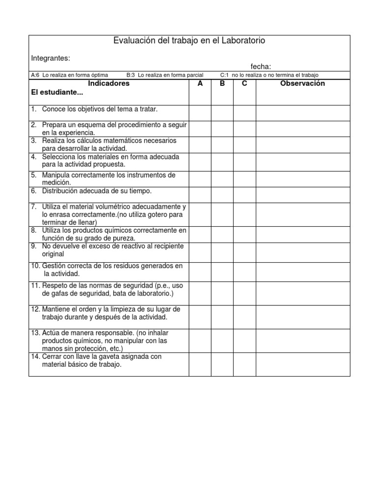 Lista De Cotejo Para Evaluar El Trabajo En El Laboratorio 