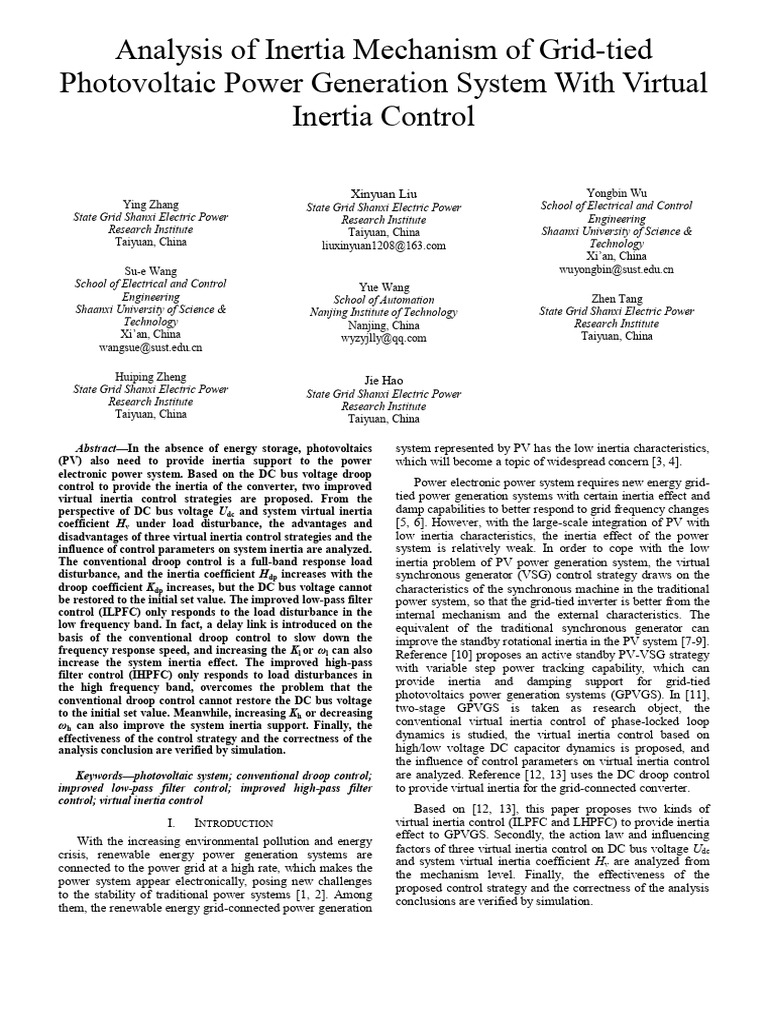 Analysis of Inertia Mechanism of Grid-tied Photovoltaic Power ...