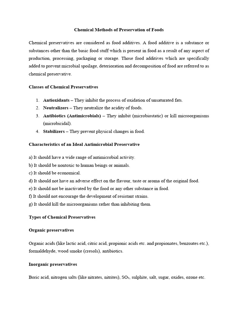 Chemical Methods of Preservation of Foods | PDF