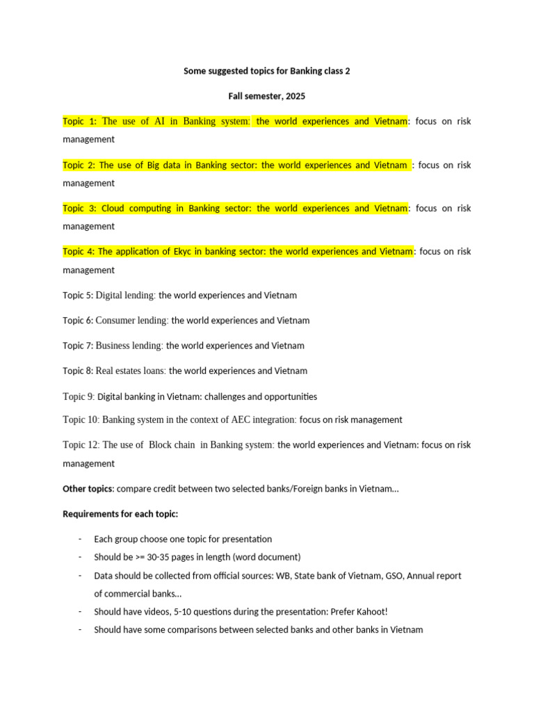 Some Suggested Topics for Banking Class 2 2025 | PDF