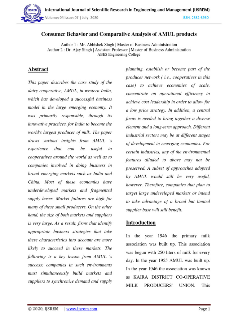 Consumer Behavior and Comparative Analysis of AMUL Products | PDF ...