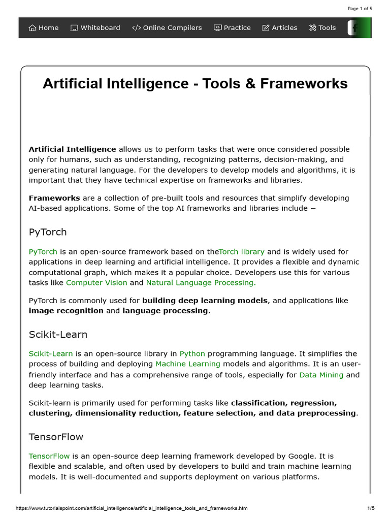 Artificial Intelligence - Tools & Frameworks | PDF | Machine Learning ...
