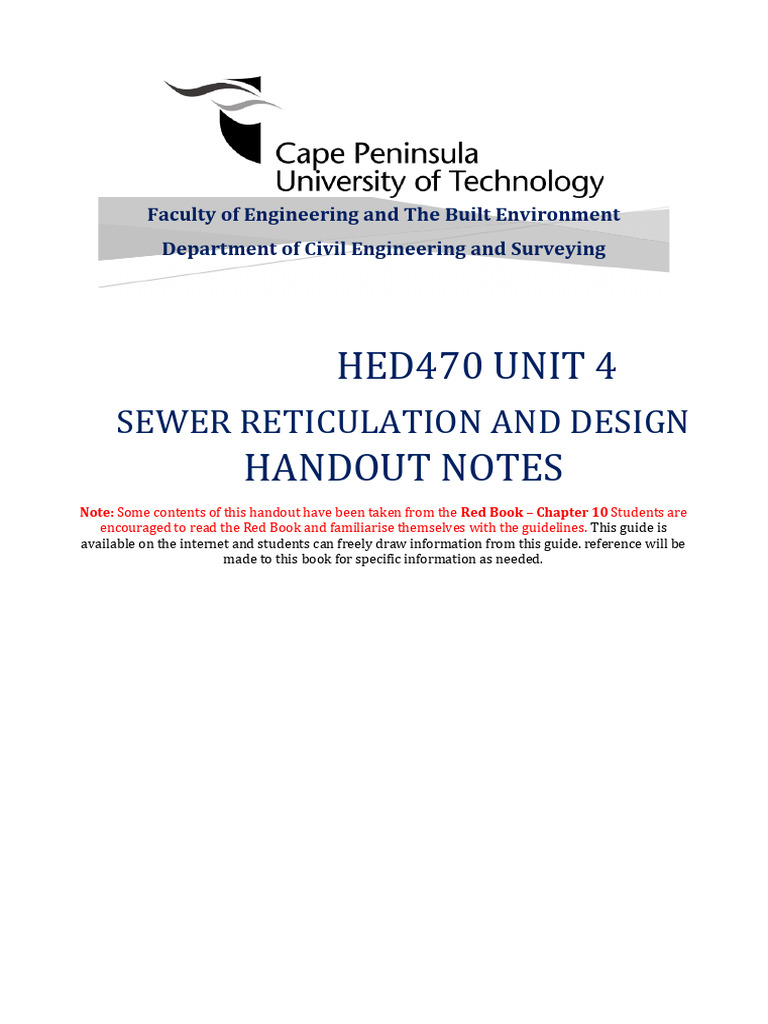 HED470 Unit 4 Sewer Reticulation and Design Handout Notes | PDF