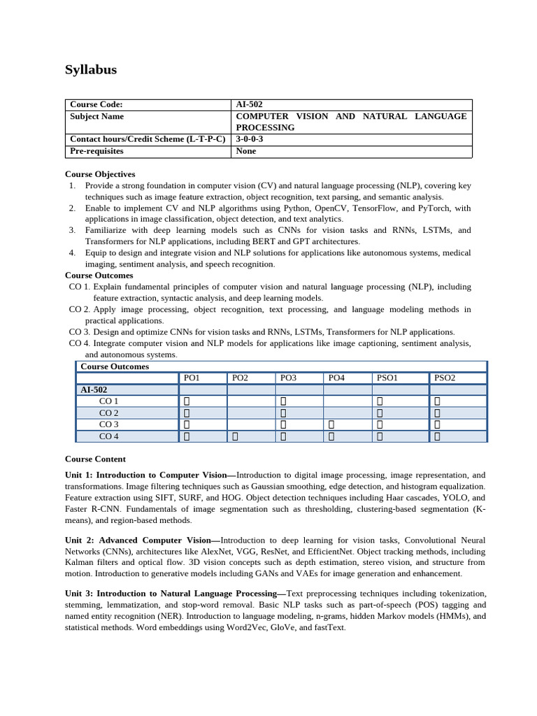 Syllabus Deep Learning, CV and NLP | PDF | Deep Learning | Computer Vision