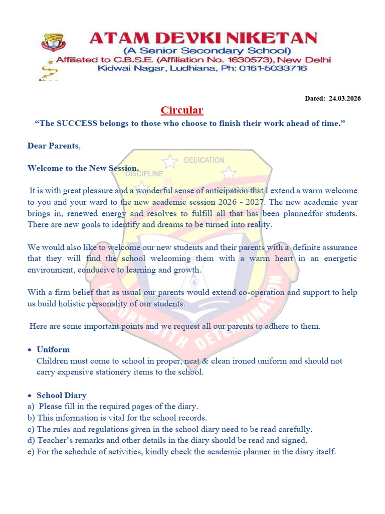 Circular for New Session 2026-27 | PDF