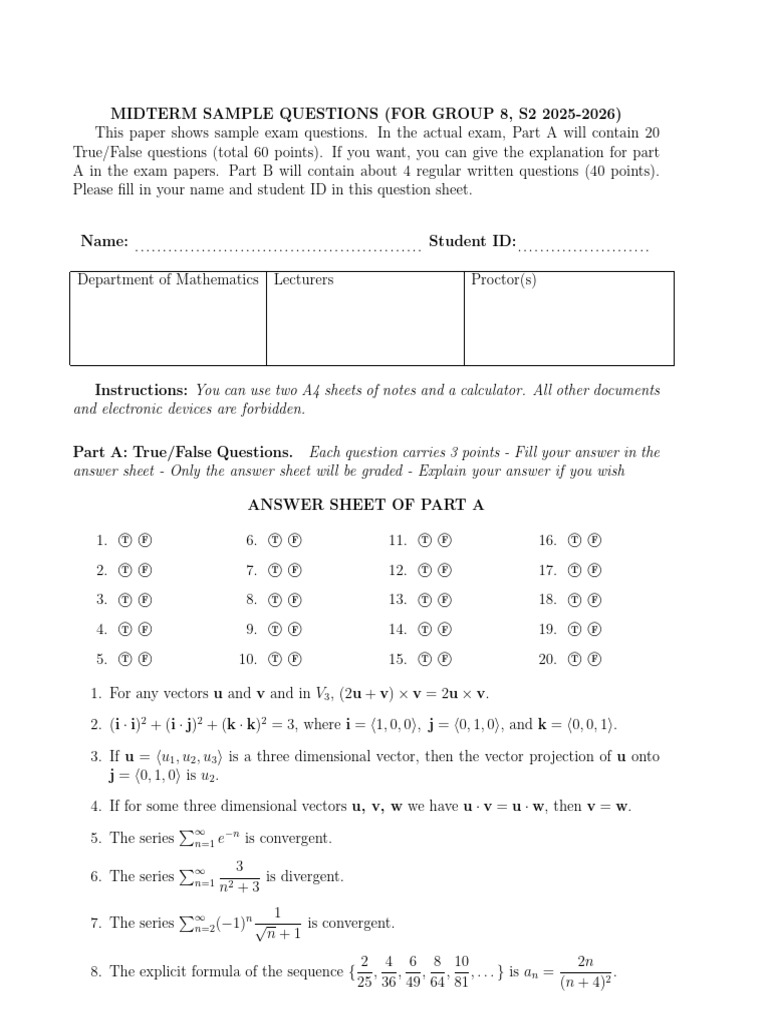 Cal2 Midterm 2026 Sample With Answers | PDF | Mathematical Analysis ...