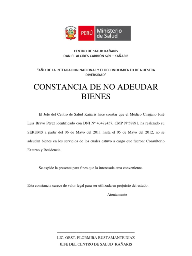 Constancia de No Adeudar Bienes