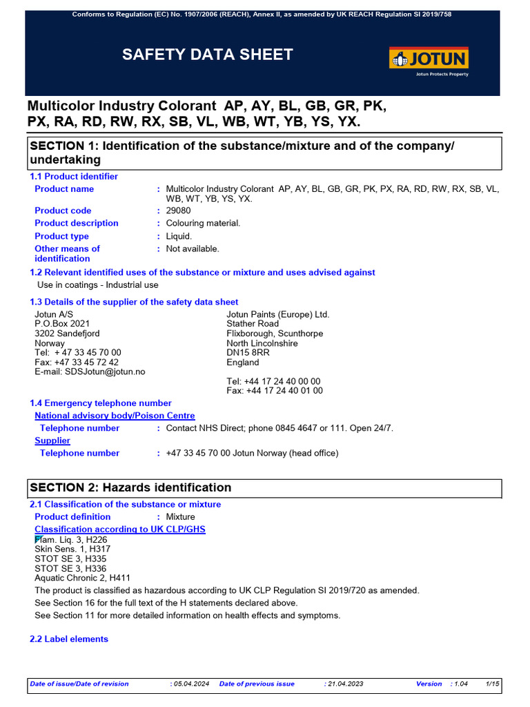 SDS 29080 Multicolor Industry Colorant AP, AY, BL, GB, GR, PK, PX, RA ...