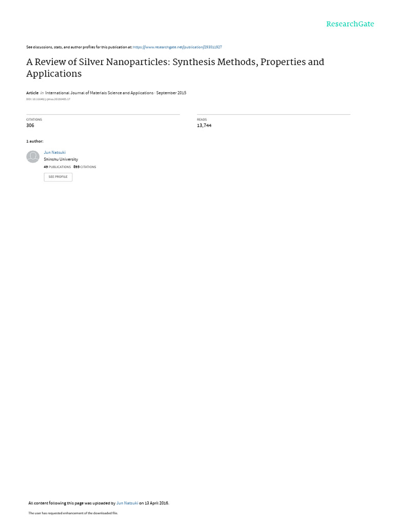Natsuki 2015 a Review of Silver Nanoparticles Synthesis Methods | PDF