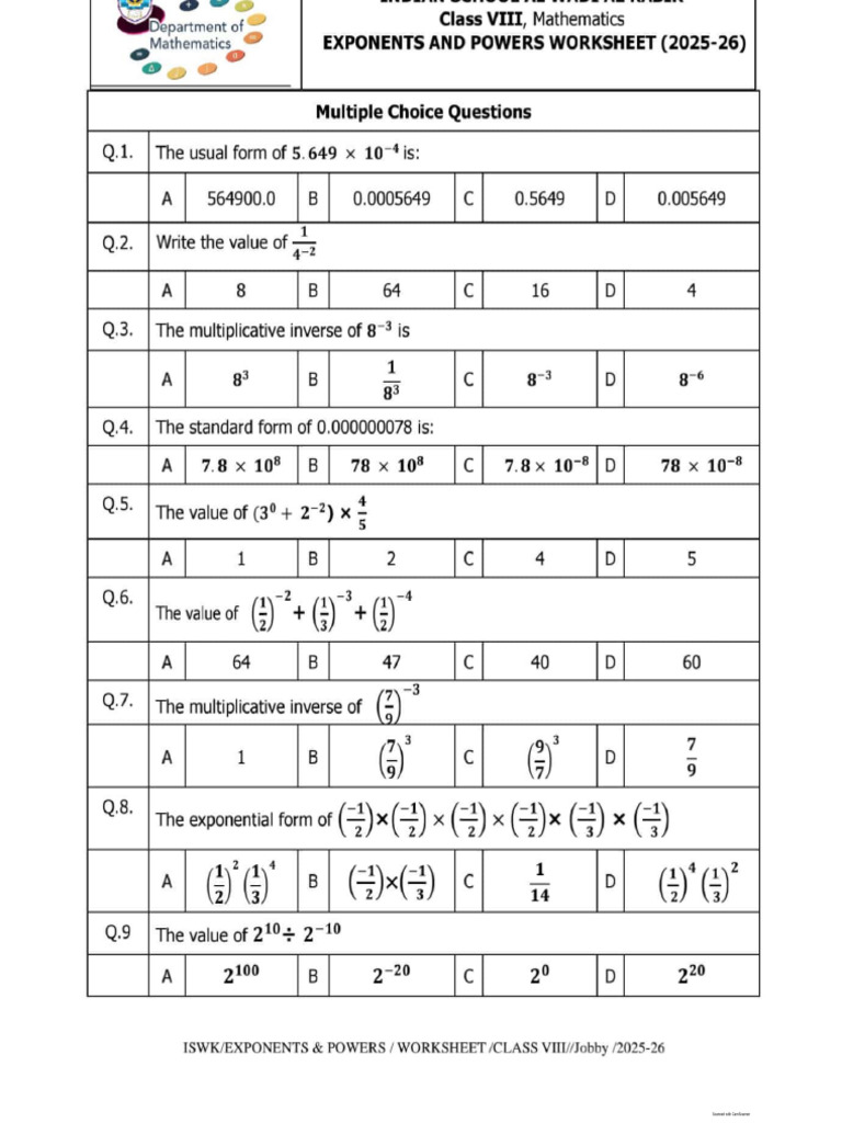 VIII Exponents & Powers 4 | PDF