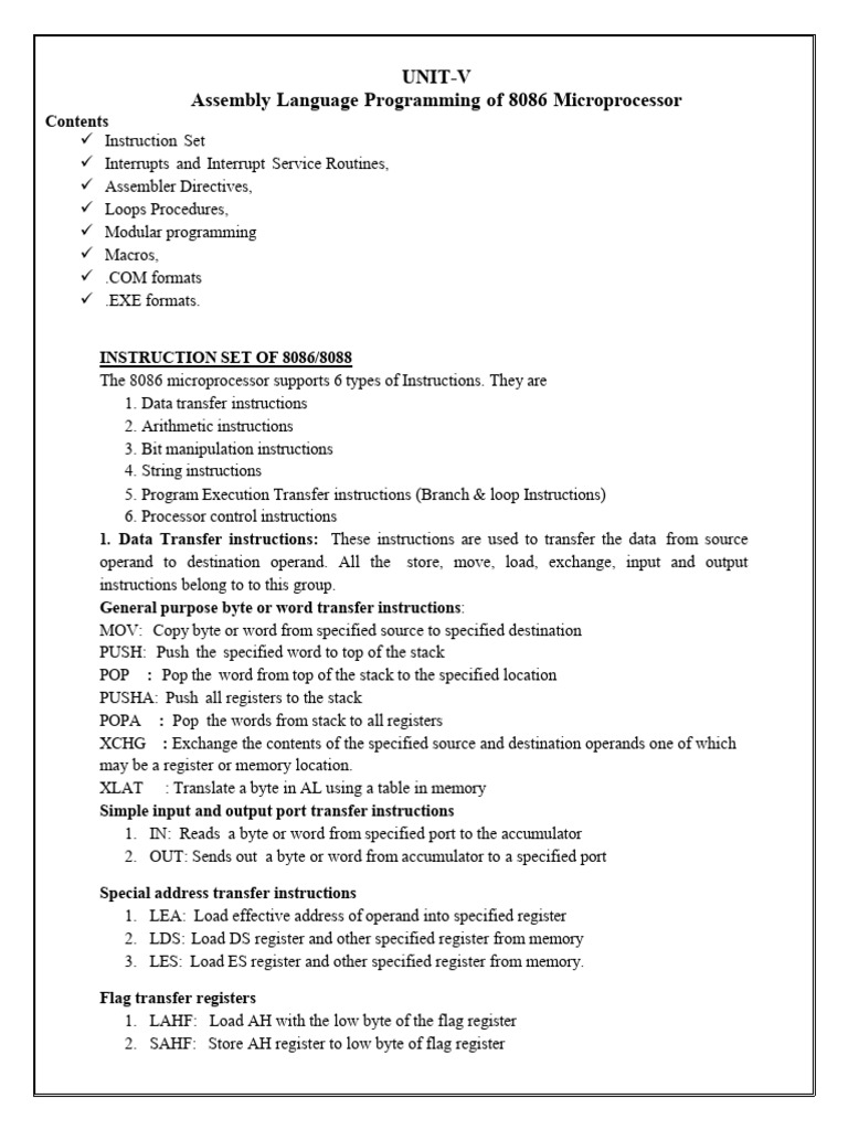 UNIT-V_Assembly Language Programming of 8086 Microprocessor | PDF