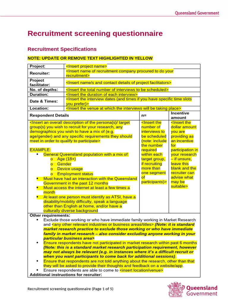 Recruitment Screening Questionnaire Template | PDF | Computing