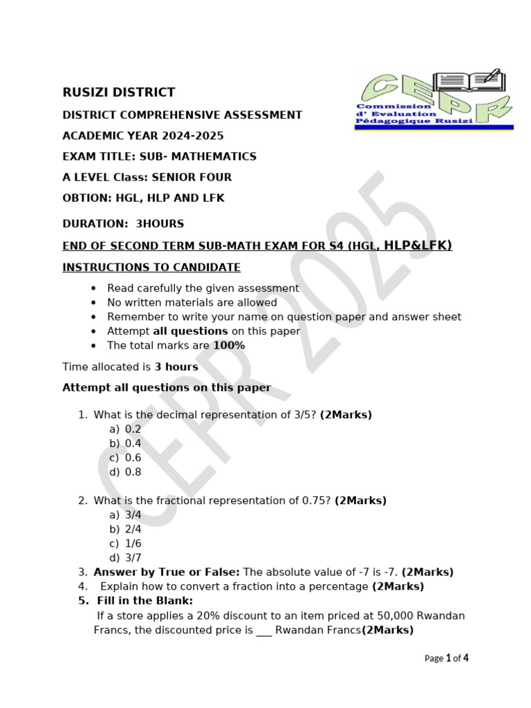 S4 SUB MATH Second Term Exam | PDF | Equations | Quadratic Equation